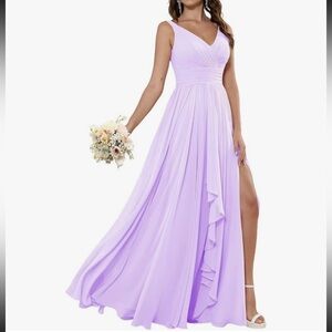 Women's Ruffle V Neck Chiffon Long Bridesmaid Dresses Size 14 Purple